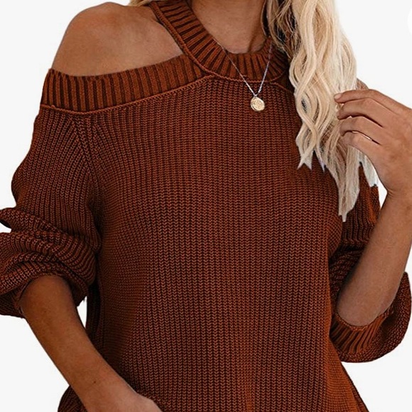 Gold Women Cold Shoulder Long Sleeve Sweater Open Back Chunky Knit Size Medium - Picture 2 of 8